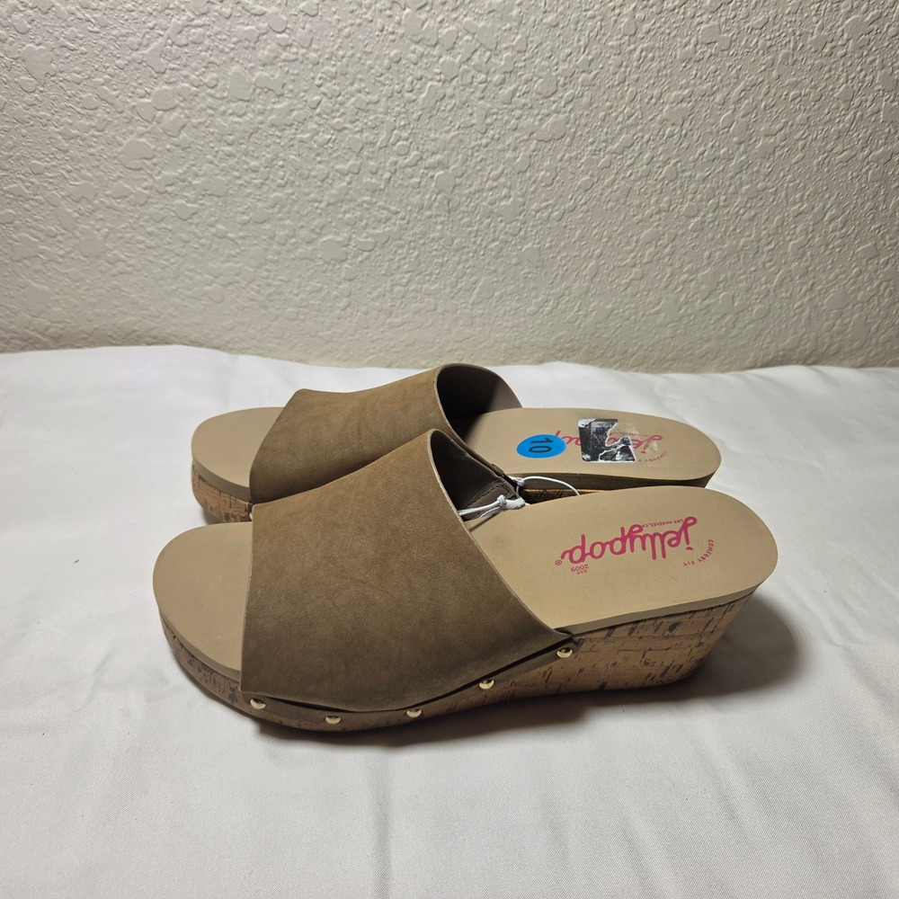 Jellypop Womens Tan Brown Faux Suede Cork Wedge Platform Slide Sandals Size 10